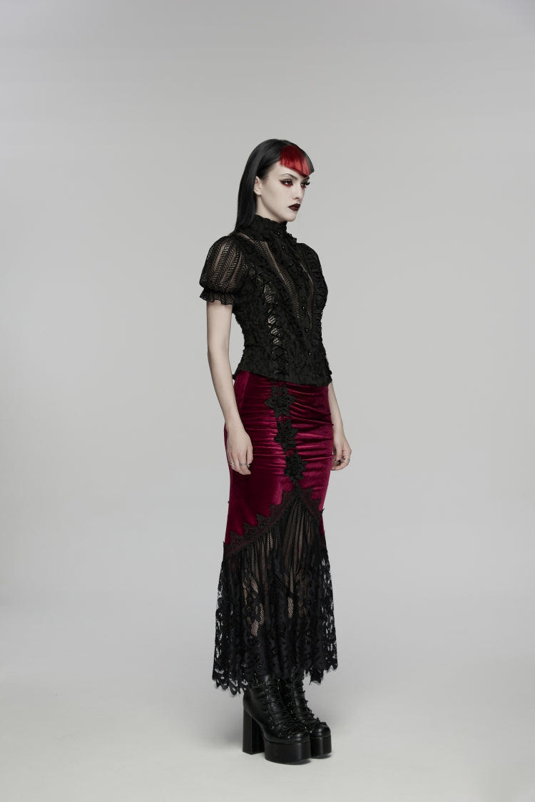 Black Stand Collar Short Sleeves Ruffled Cut-Out Embroidered Lace Women's Gothic Blouse - Product - 2