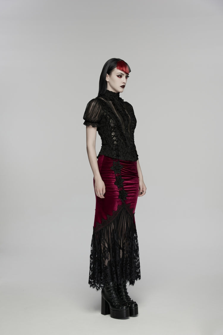 Black Stand Collar Short Sleeves Ruffled Cut-Out Embroidered Lace Women's Gothic Blouse - Product - 2