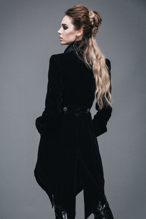 Black Embroidered High Collar Dovetail Velveteen Womens Gothic Coat - Product - 5