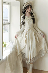 Ivory [White Tea] Long Sleeves Ruffle Bowknot Lace Irregular Classic Princess Lolita Dress - Product - 11