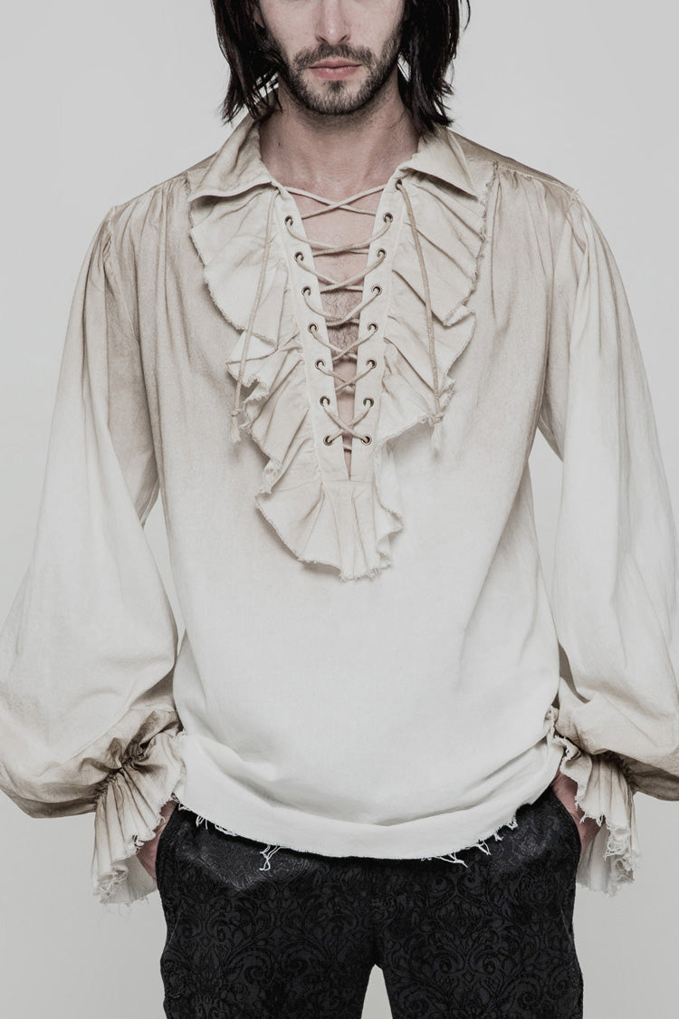 Men's Long Sleeves Ruched Lace-Up Steampunk Blouse 2 Colors - White - 5