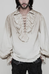 Men's Long Sleeves Ruched Lace-Up Steampunk Blouse 2 Colors - White - 5
