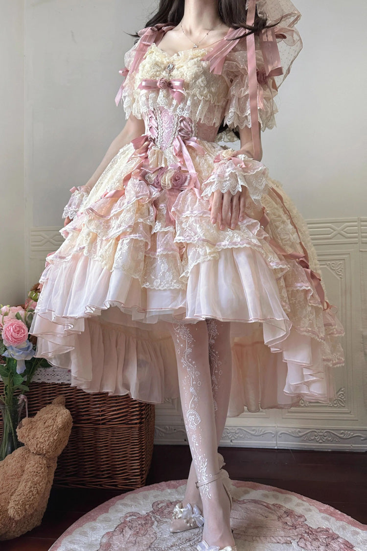 Pink [Diane Rose] Short Sleeves Multi-Layered Jacquard Ruffle Hanayome Cardigan Bowknot Lace Sweet Lolita Dress - Product - 9