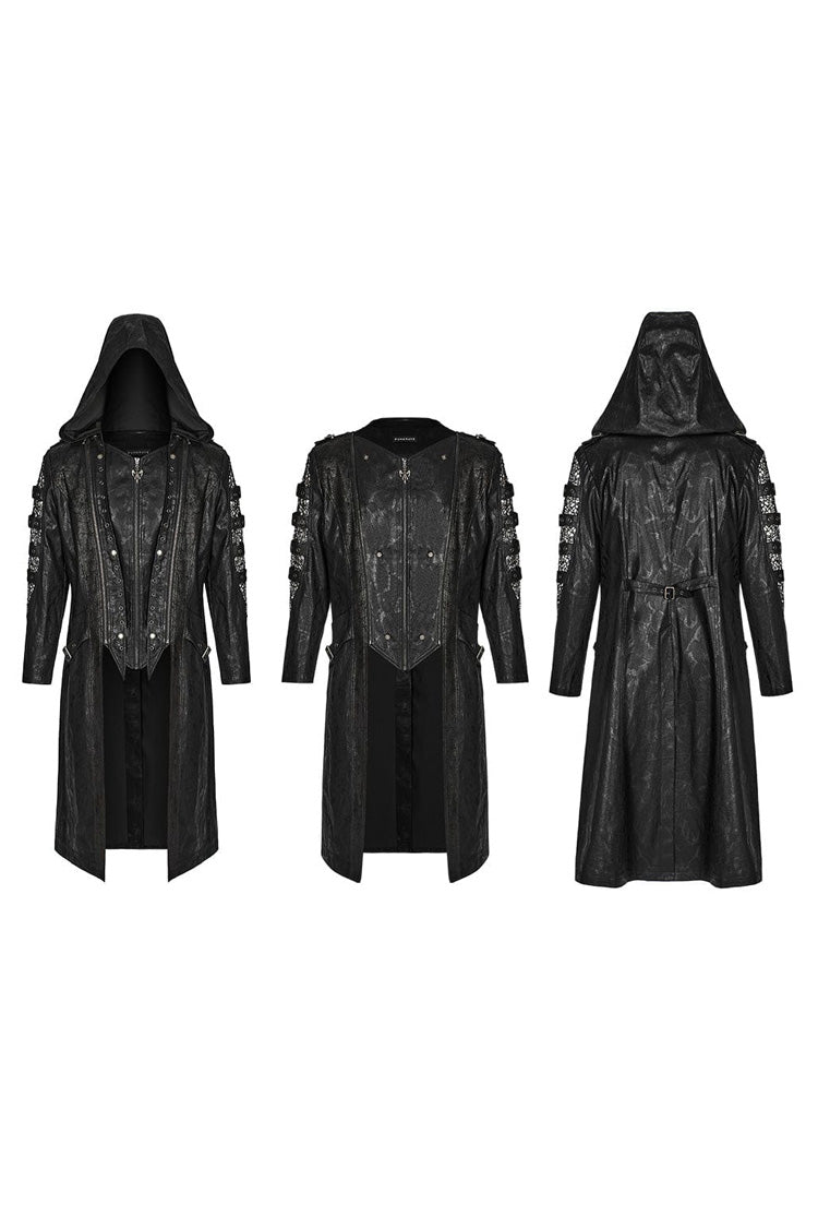 Black Crackled Mesh Hollow Stitching Hooded Mens Steampunk Coat - Product - 5