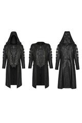 Black Crackled Mesh Hollow Stitching Hooded Mens Steampunk Coat - Product - 5