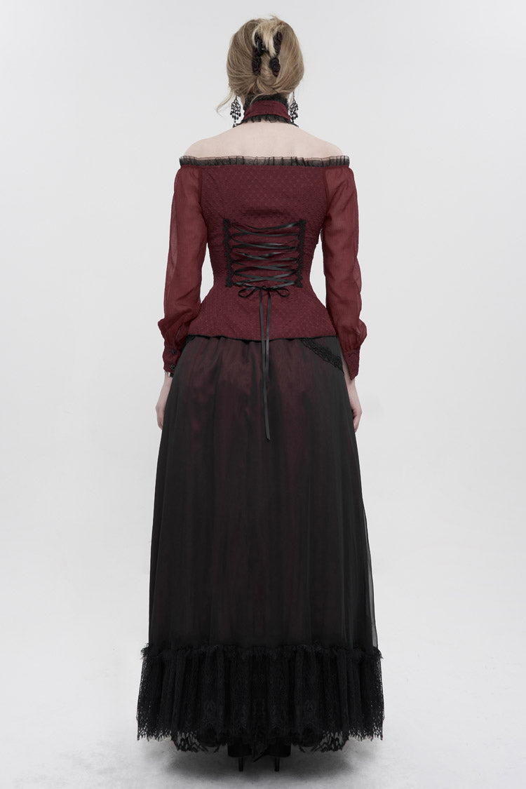 Red Lace Trim Panel Adjustable Back Long Sleeve Women's Gothic Shirt - Product - 5