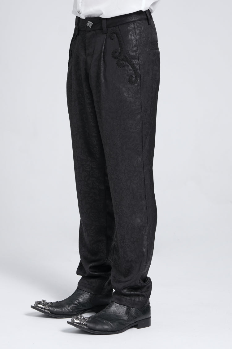 Black Floral Print Embroidery Men's Gothic Suit Pants - Product - 2