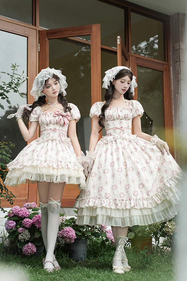 Ivory [Rose After The Rain] Short Sleeves Triple-Layered Print Ruffle Bowknot Lace-Up Sweet Lolita Long Dress - Product - 8