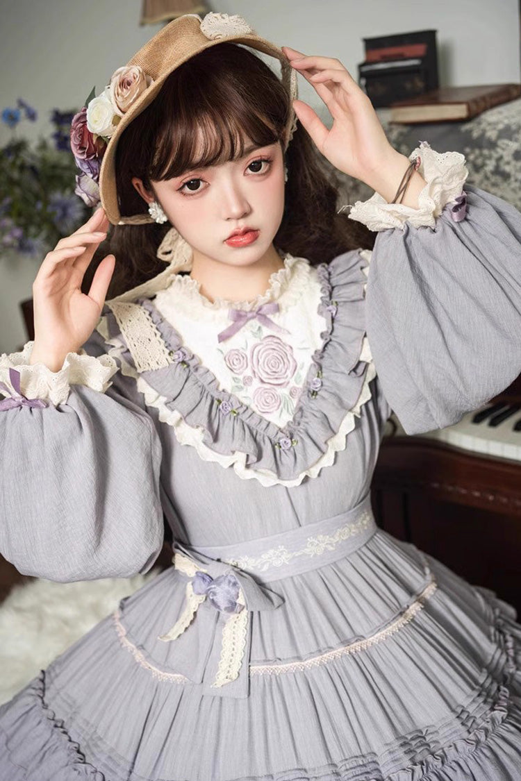 Purple Long Sleeves Ruffle Embroidery Bowknot Sweet Plus Size Elegant Lolita Dress - Product - 7