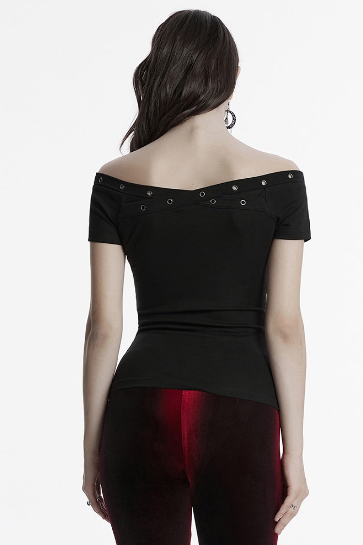 Black Off Shoulder Short Sleeves Eyelet Straps Women's Gothic Blouse - Product - 2