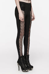 Black Floral Print Hollow Stitching Lace Slim Women's Gothic Leggings - Product - 2
