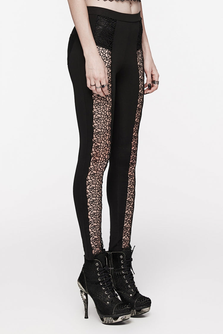 Black Floral Print Hollow Stitching Lace Slim Women's Gothic Leggings - Product - 2