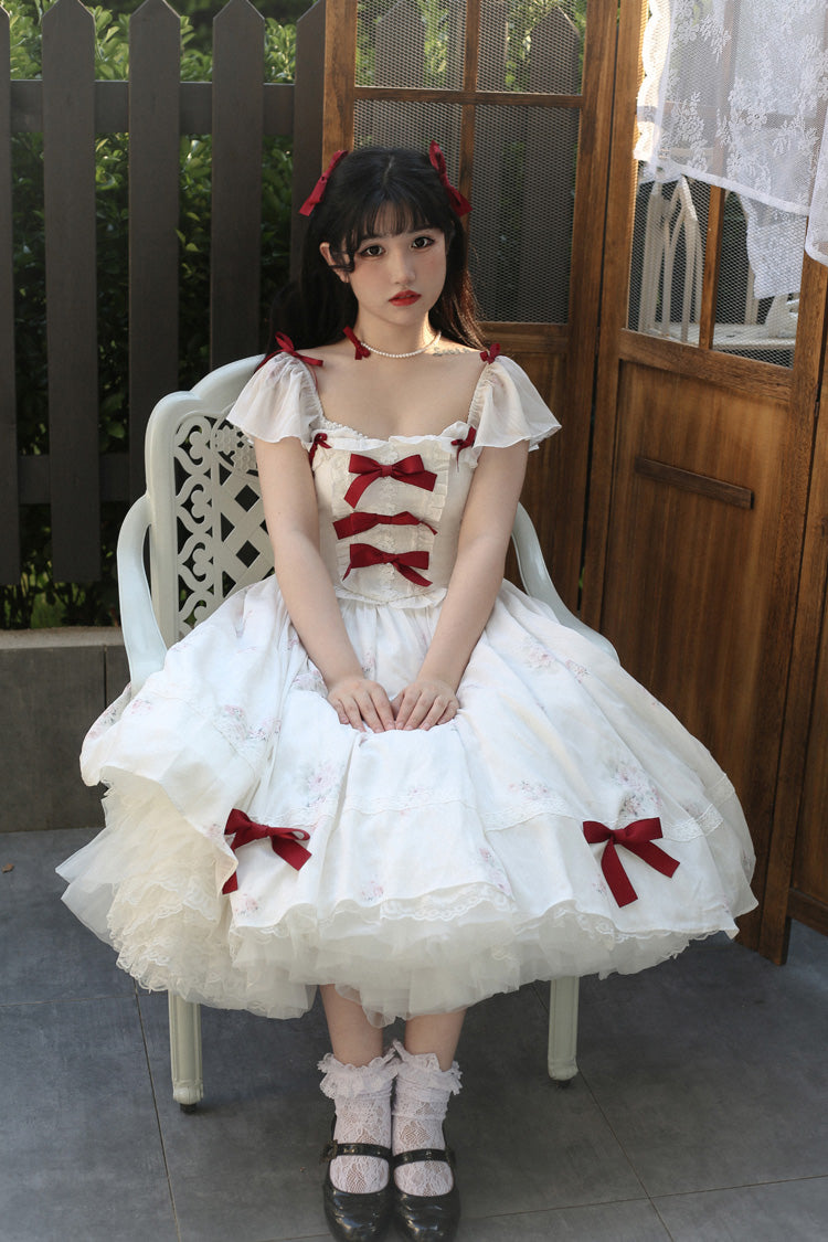 Rose Elegant Short Sleeves Print Ruffle Bowknot Sweet Plus Size Lolita Dress 2 Colors - Product - 13