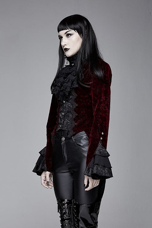 Red Jacquard Velvet Womens Swallow Tailed Gothic Coats - Product - 2