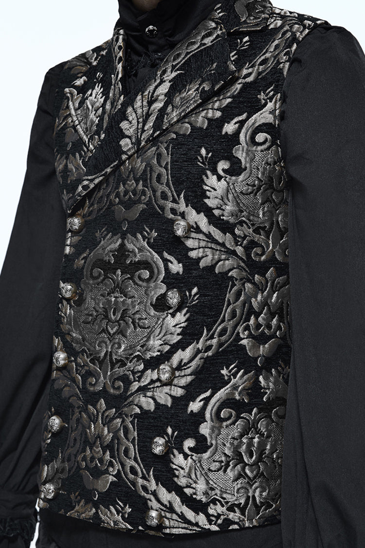 Black/Silver Palace Short Big Jacquard Pattern Men's  Gothic Waistcoat - Product - 6