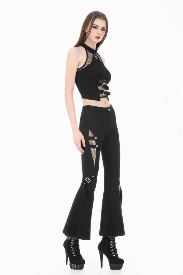 Black Women's Punk Buckled Straps Cut-Out Sheer Mesh Patchwork Flare Pants - Product - 2