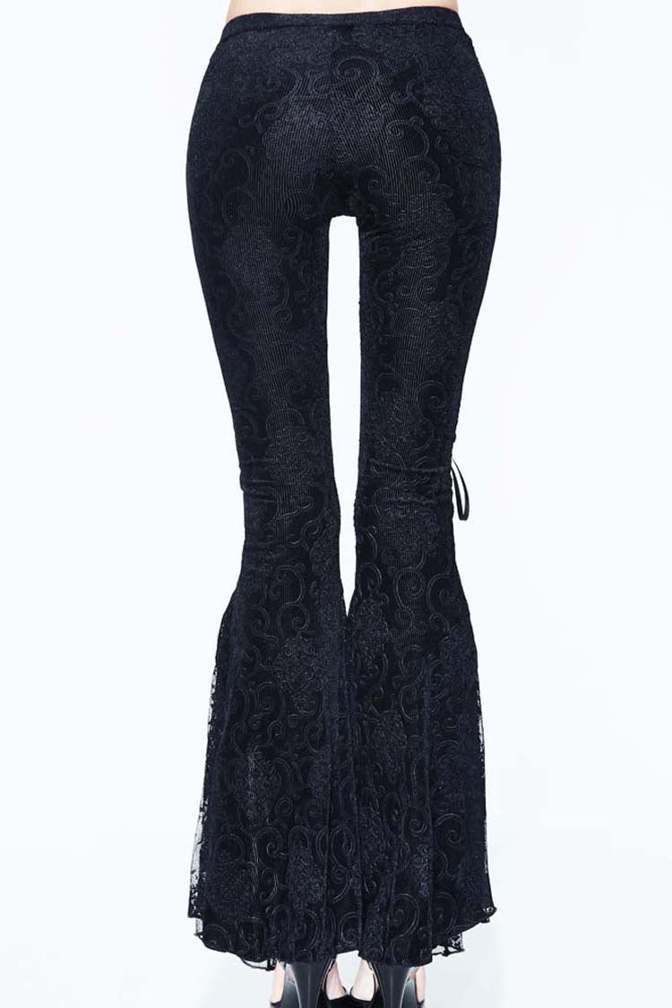 Black Palace Pattern Lace-Up Velveteen Lace Flared Women's Gothic Pants - Product - 12