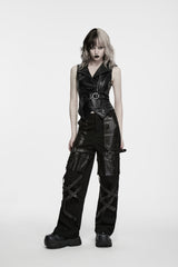 Black Lapel Collar Slim Fit Asymmetric Studded Buckled Zippered Women's Punk Cool Vest - Product - 1