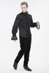 Black Stand Collar Puff Sleeved Lace Splice Men's Gothic Shirt - Product - 4