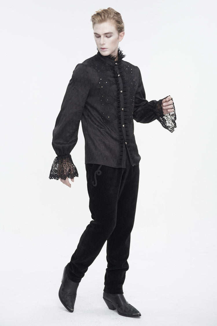 Black Stand Collar Puff Sleeved Lace Splice Men's Gothic Shirt - Product - 4