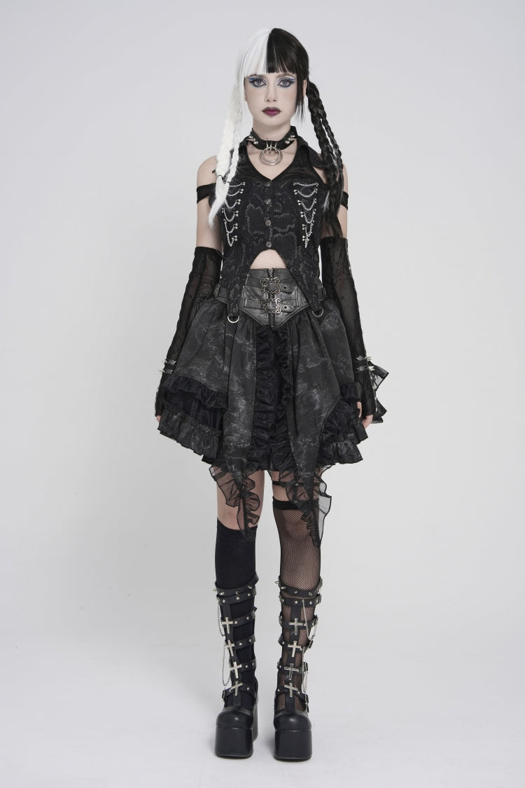 Black Off Shoulder Lace-Up Irregular Chain-Decorated Women's Punk Vest - Black - 1