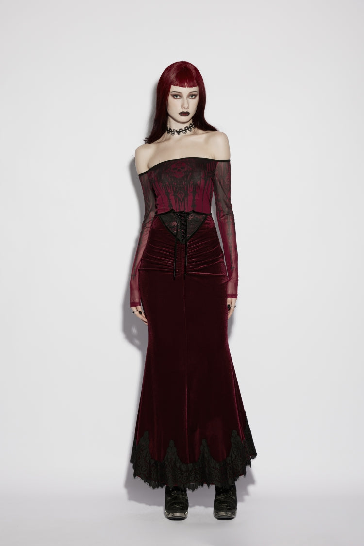 Red Lace Velvet Pleated Women's Gothic Elegant Mermaid Skirt - Product - 3