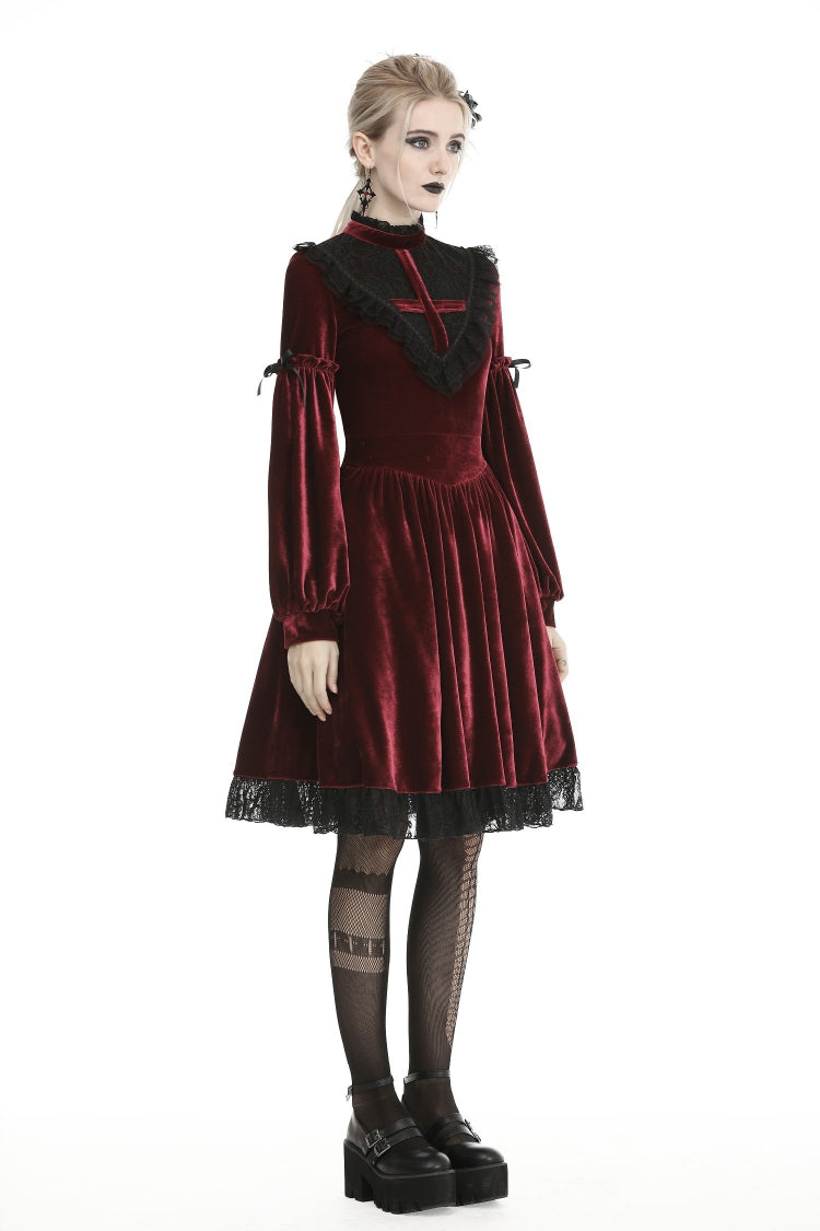 Red Vintage Long Sleeves Lace Collar Cross Women's Gothic Velet Dress - Product - 2