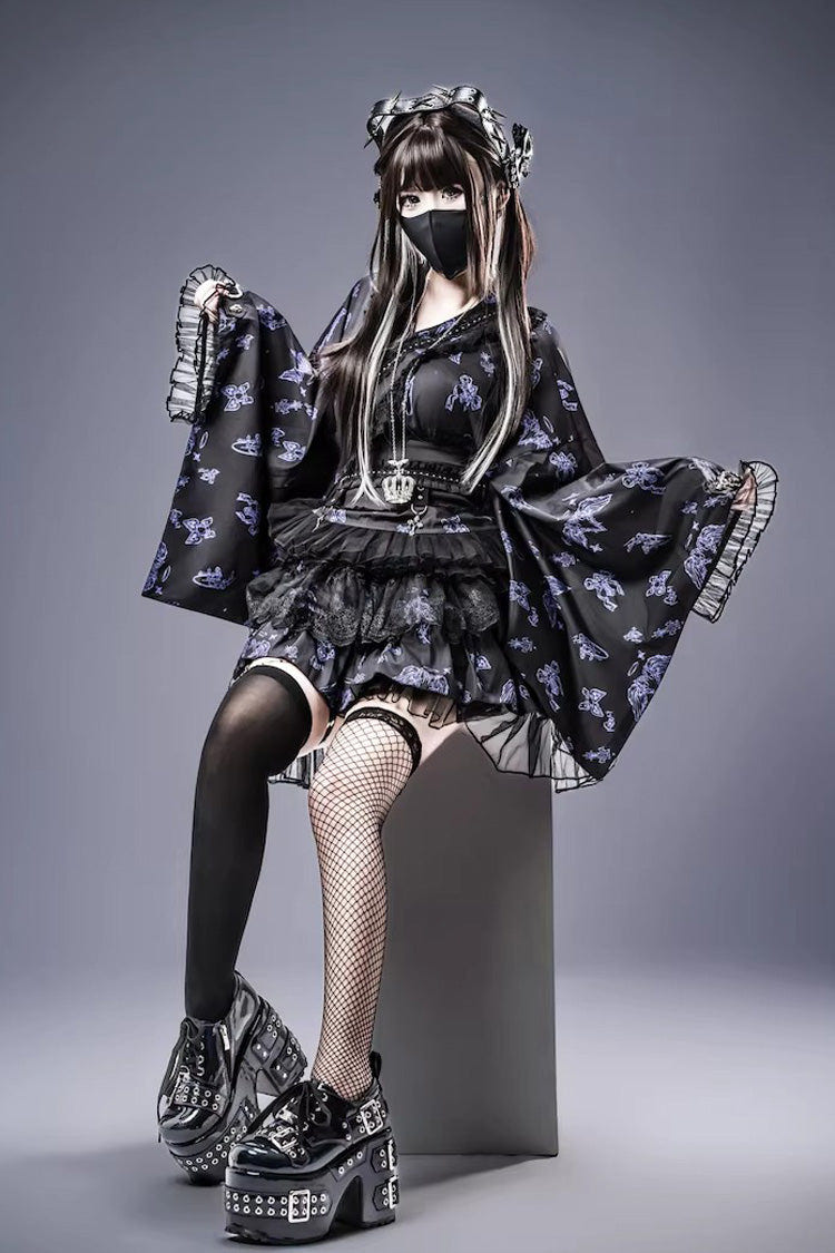 Jirai Kei Long Sleeves Printed Ruffled Lace Studded Gothic Japanese Top and Skirt Set 3 Colors - Product - 12