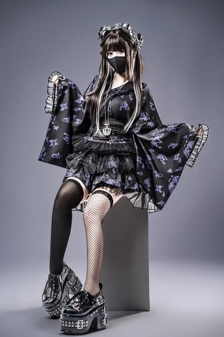 Jirai Kei Long Sleeves Printed Ruffled Lace Studded Gothic Japanese Top and Skirt Set 3 Colors - Product - 12