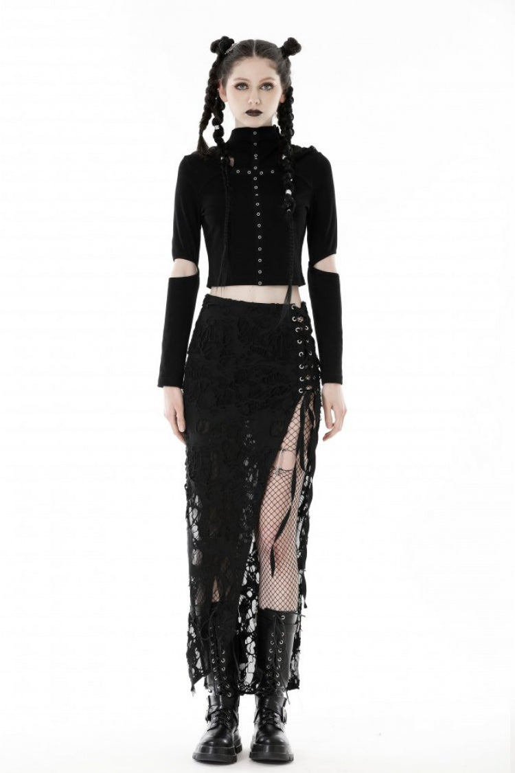 Black Metal Cross Eyelet Long Sleeves Cut-Out Women's Punk Crop Top with Ripped Hood - Product - 5
