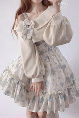 Blue Oblique Shoulder Print Ruffle Bowknot Lace Sweet Lolita Jsk Dress Set - Product - 7