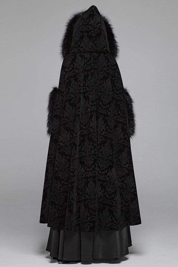 Black Fur Hood Front Fuzzy Ball Bandage Long Women's Gothic Cloak - Product - 4