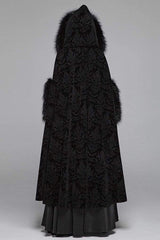 Black Fur Hood Front Fuzzy Ball Bandage Long Women's Gothic Cloak - Product - 4
