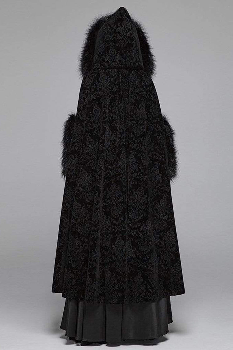 Black Fur Hood Front Fuzzy Ball Bandage Long Women's Gothic Cloak - Product - 4