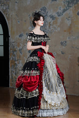 Black/Red Off Shoulder Short Sleeves Multi-Layered Ruffled Open-Front Mesh Gothic Vintage Palace Lolita Victorian Dress - Product - 2