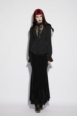 Black Stand Collar Long Lantern Sleeves Cut-Out Embroidered Spliced Lace-Up Slim Sheer Mesh Pleated Women's Gothic Palace Blouse - Product - 6