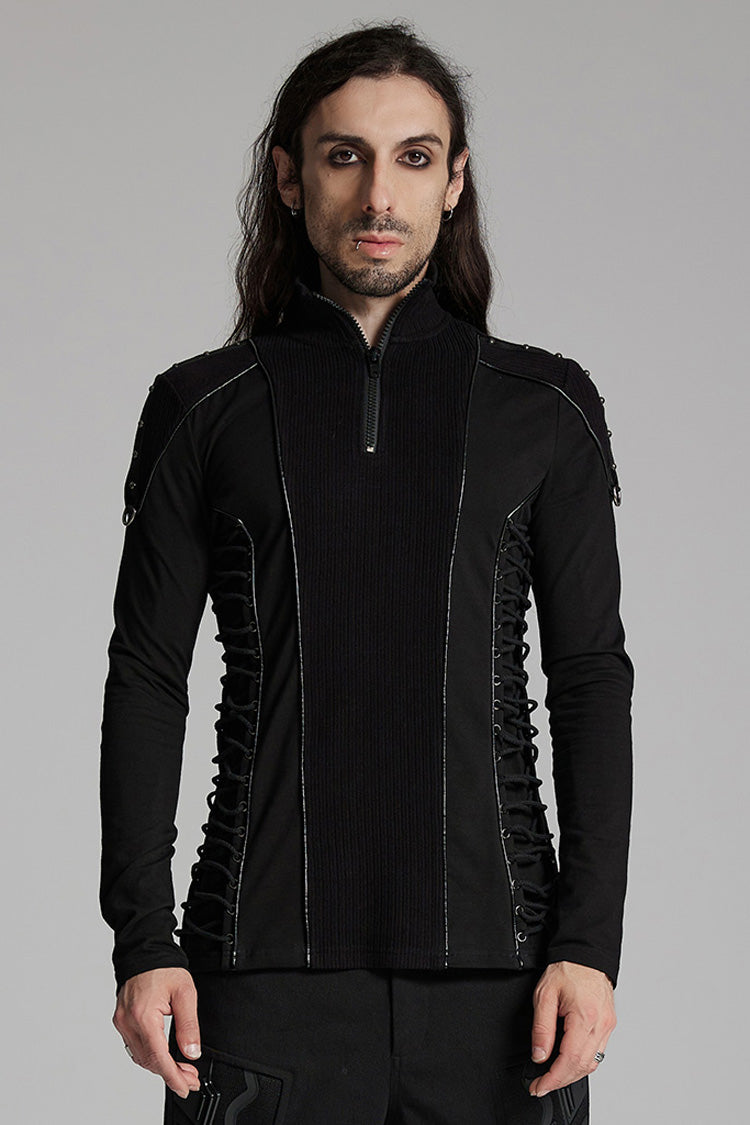 Black Long Sleeves Rivet Zipper Drawstring Men's Punk Blouse - Black - 1