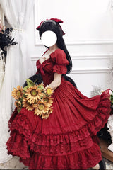 Red Short Puff Sleeves Multi-Layered Ruffle Bowknot Classic Vintage Lolita Dress - Product - 10