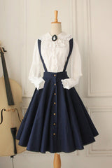Dark Blue Vintage Single Breasted Ruffled Classic Lolita Skirt Strap Dress - Blue - 1