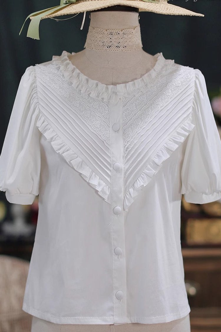 Elegant Short Sleeves Lace Round Neck Waves Dream Sweet Lolita Blouse 4 Colors - White - 4