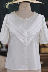 Elegant Short Sleeves Lace Round Neck Waves Dream Sweet Lolita Blouse 4 Colors - White - 4