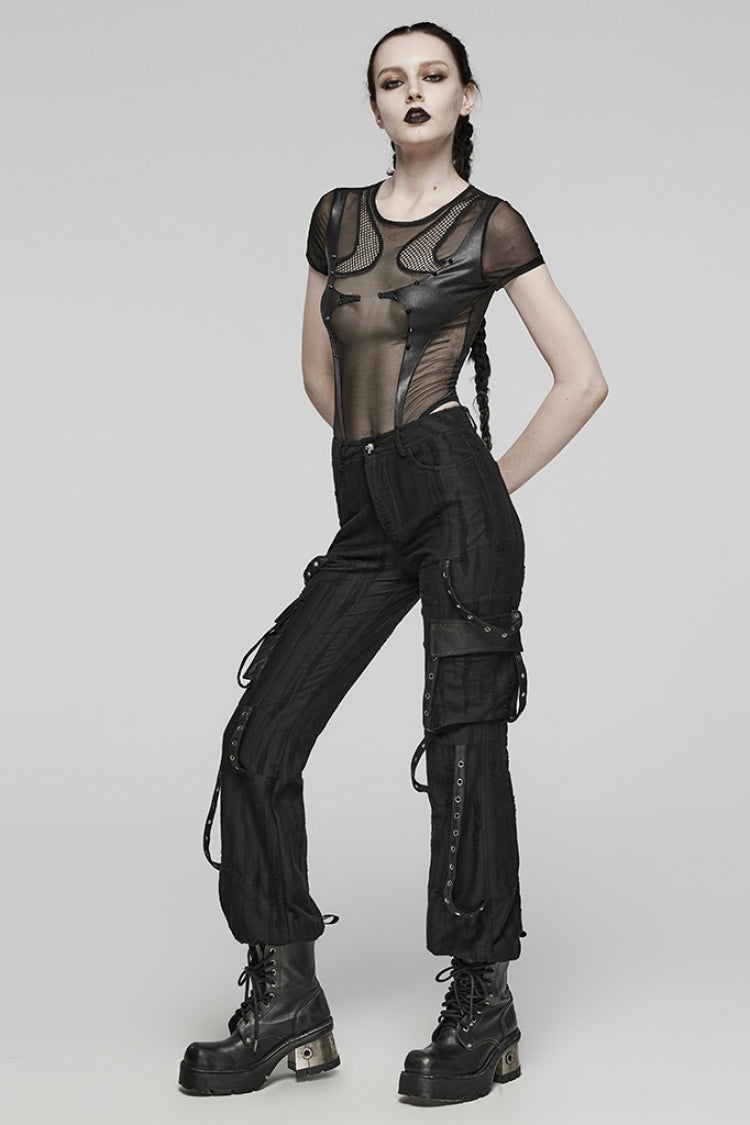 Black Short Sleeves Sheer Mesh Women's Punk Bodysuit - Product - 4