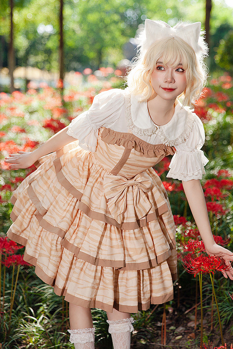 Apricot [Cloth Cat] Triple-Layered Print Ruffle Bowknot Sweet Lolita Dress - Product - 6