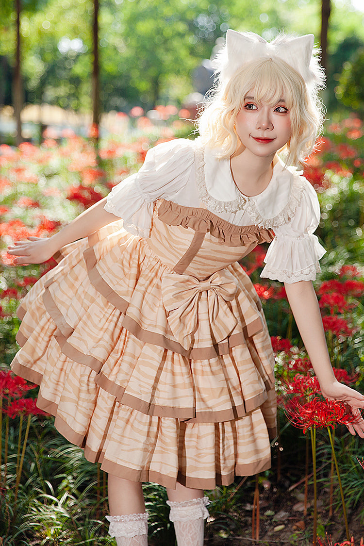 Apricot [Cloth Cat] Triple-Layered Print Ruffle Bowknot Sweet Lolita Dress - Product - 6