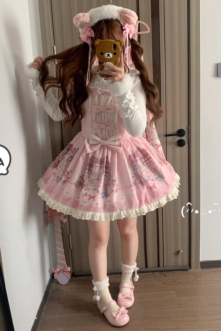 Pink [Little Bear Shop] Print Sleeveless Bowknot Lace Sweet Princess Lolita Jsk and Strap Dress - Product - 3