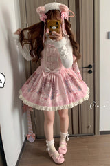 Pink [Little Bear Shop] Print Sleeveless Bowknot Lace Sweet Princess Lolita Jsk and Strap Dress - Product - 3