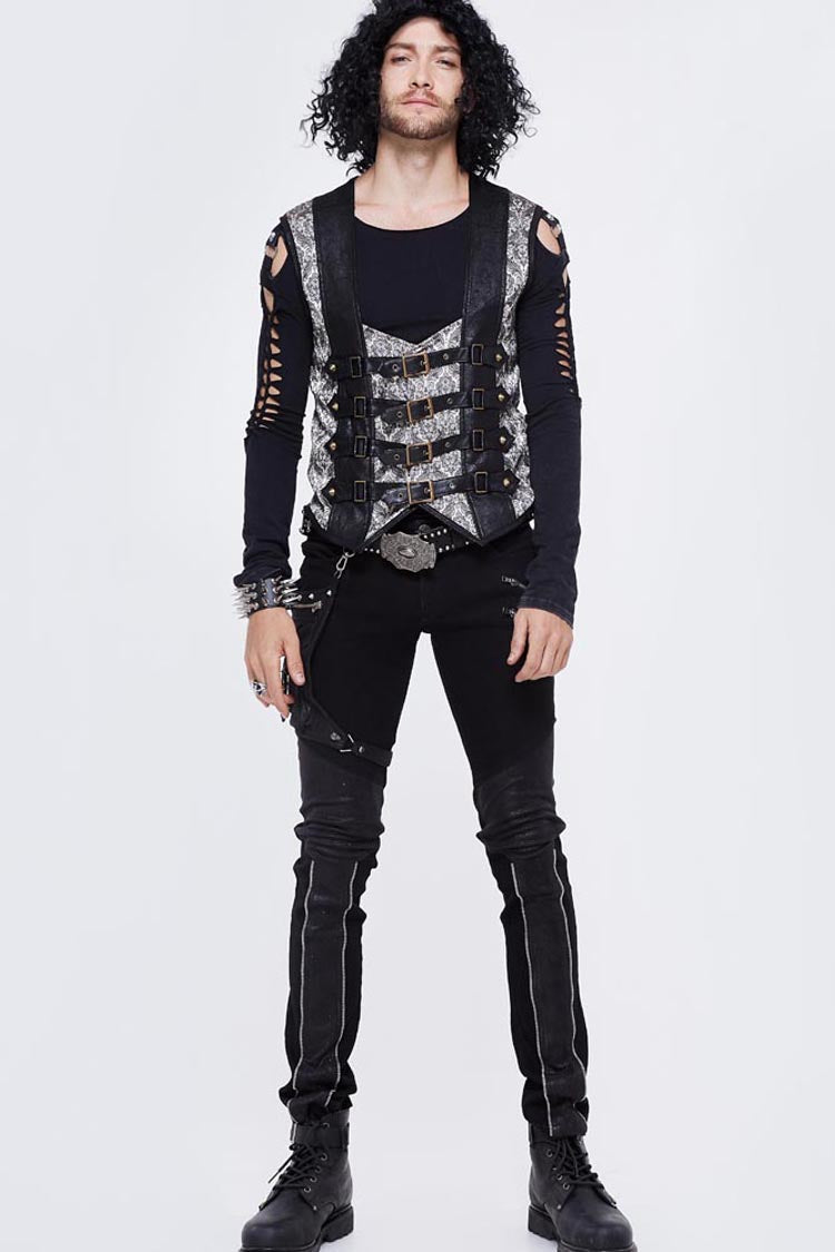 Silver Back Lace Up Jacquard Splice Chest Loop Men's Punk Waistcoat - Product - 6