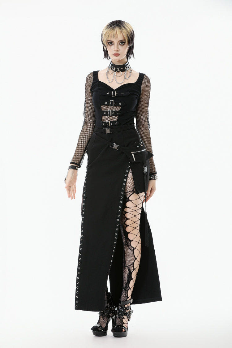 Black Strap Buckled Women's Punk Eyelet High-Slit Midi Skirt with Detachable Pocket - Black - 1