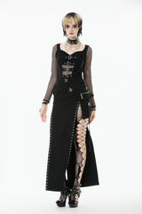 Black Strap Buckled Women's Punk Eyelet High-Slit Midi Skirt with Detachable Pocket - Black - 1