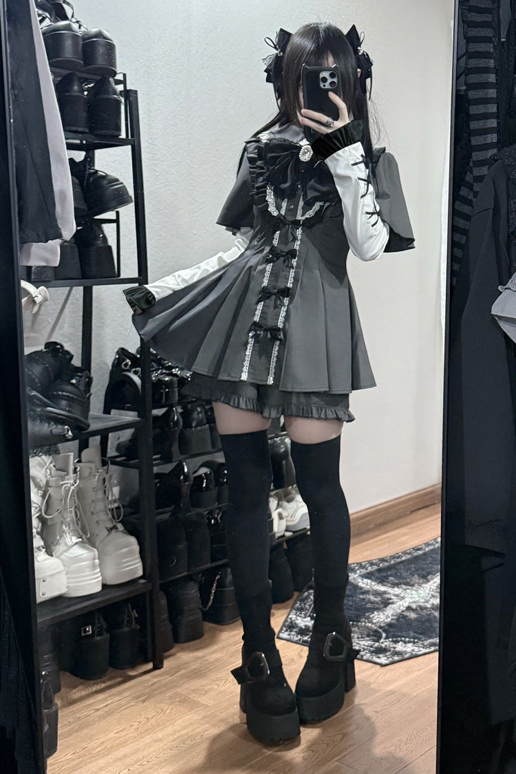 [Black Veil Pact] Short Sleeves Printed Ruffled Bow Gothic Jirai Kei Japanese Dress Shorts Set 2 Colors - Product - 6